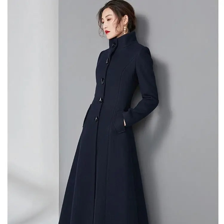 Women Woolen Coat 2024 Winter New Elegant Wool Jacket Slim Long Woolen Trench Coat Thick Warm Tops Lady Vintage Dress Overcoat