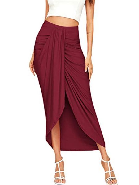 Women's Ruched Skirt Elastic Waist Split Summer Beach Midi Wrap Skirt Slit Wrap Draped Skirt HELAWHQX7Q