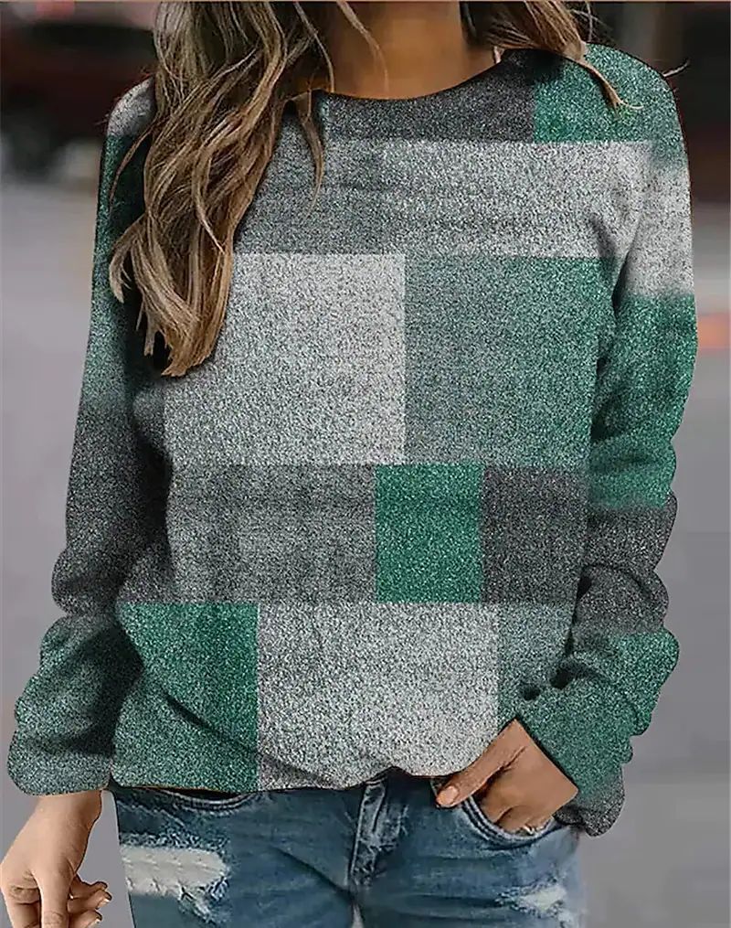 Casual Plaid Loose Print Long Sleeve Crew Neck Sweater Women's