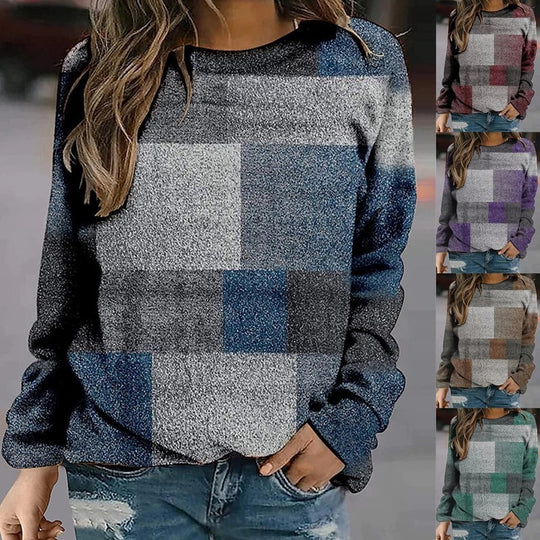 Casual Plaid Loose Print Long Sleeve Crew Neck Sweater Women's