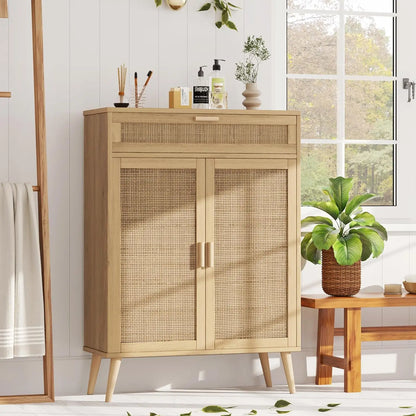 Accent Floor Storage Cabinet with Rattan Doors, Bathroom Cabinet with Large Drawer, Freestanding Storage Cabinet Organizer,