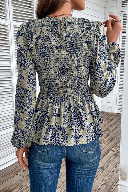 Sky Blue Boho Printed Balloon Sleeve Smocked Peplum Blouse