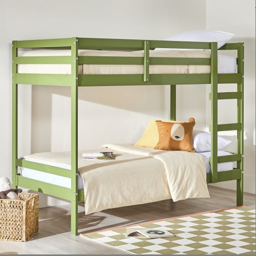 Modern Simple Solid Wood Twin Over Twin Bunk Bed, Olive Green