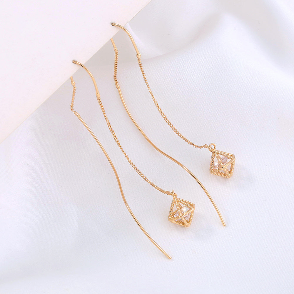 Gold Bronze Cutout Zircon Tassel Earrings