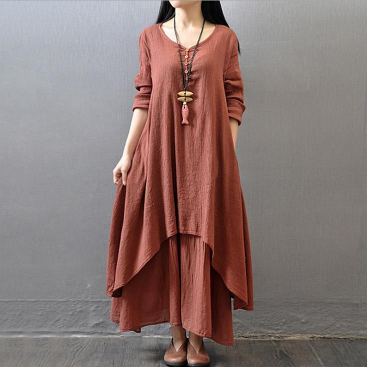 Fake two-piece long skirt, artistic and grand linen dress, loose long sleeved cotton and linen skirt