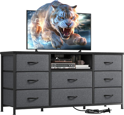 TV Stand, Power Outlet Entertainment Center with 8 Fabric Deep Drawers Media Console Table for TV Wide Storage Drawer Dresser