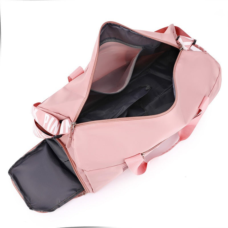 New fitness bag, shoe compartment, dry wet separation bag, sports travel bag, shiny pink letter single shoulder crossbody bag