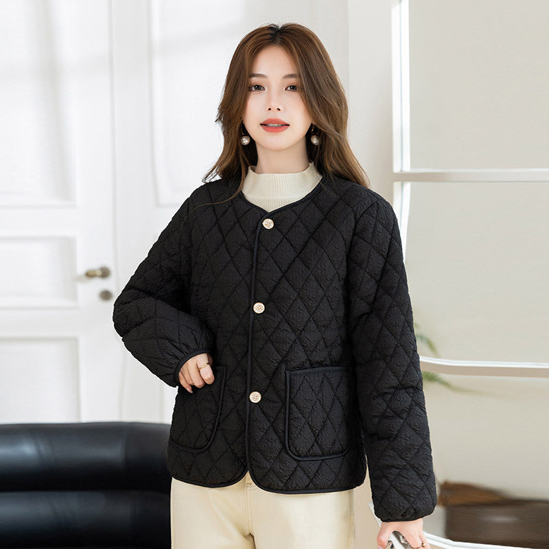 Xiaoxiangfeng temperament diamond grid cotton jacket loose casual thin cotton jacket women's winter cotton jacket cardigan