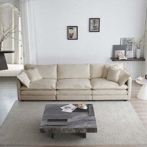 Mid-Century Modern Couch 3-Seater Sofa With 2 Armrest Pillows And 3 Toss Pillows, Couch For Living Room Beige Chenille