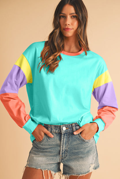 Light Blue Color Block Sleeve Loose Fit Top