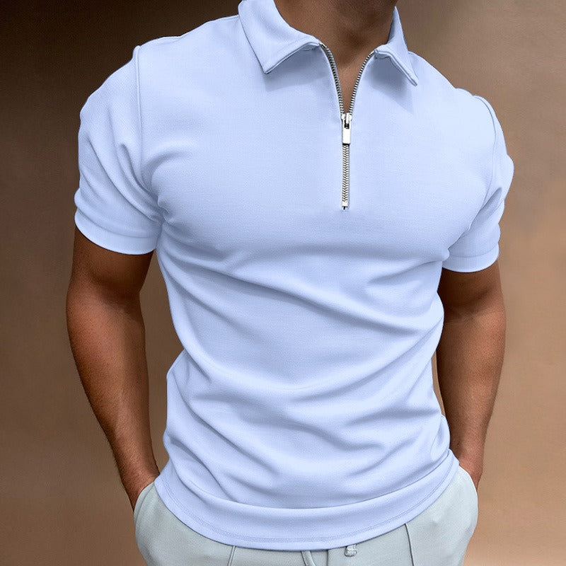 Summer men's thin solid color short sleeved POLO shirt with flip collar zipper slim fit top T-shirt