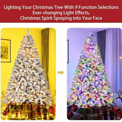 6ft Pre-Lit Artificial Christmas Tree Snow Flocked Xmas Tree W  Remote-Controlled 250 Multi-Color Lights Decor