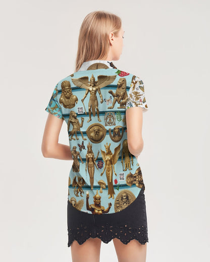 Abstrak dragonfly Women's All-Over Print Short Sleeve Button Up