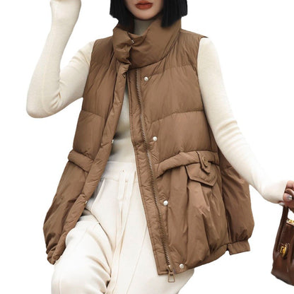 Fashion Stand Collar Sleeveless Solid White Duck Down Waistcoats Warm All-match Vest Women Winter