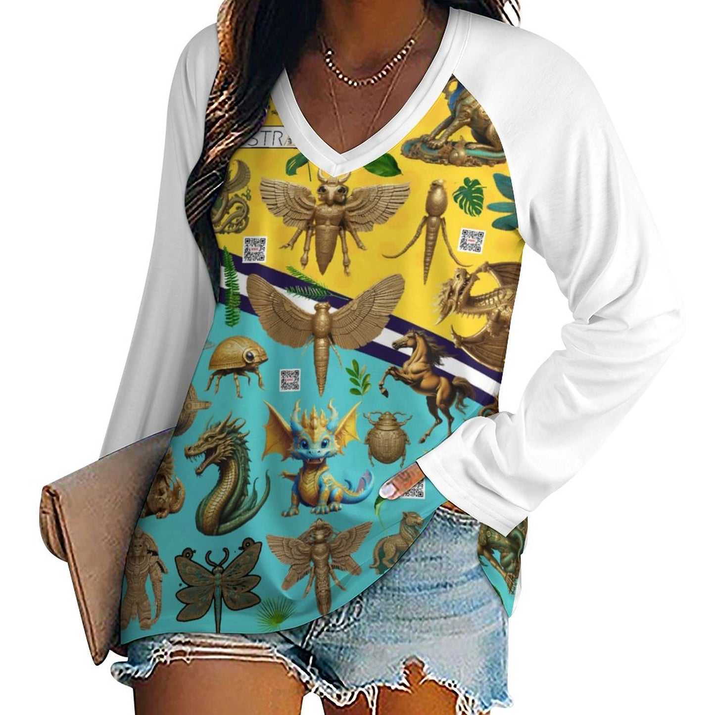 V-neck Loose Long Sleeve T-shirt TLREV2 (All-Over Printing)