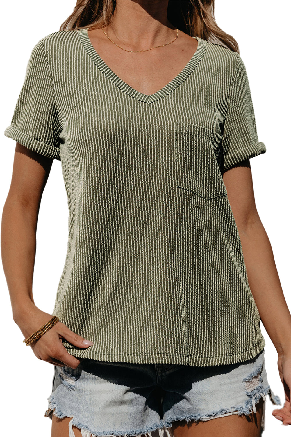 Laurel Green Twist Short Sleeve Corded V Neck Top