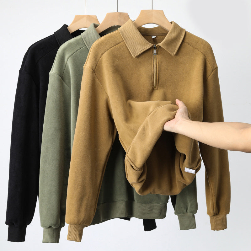 Fashion Lapel Half-zip Sweatshirt Winter Warm Fleece Long Sleeve Top Men's Clothing