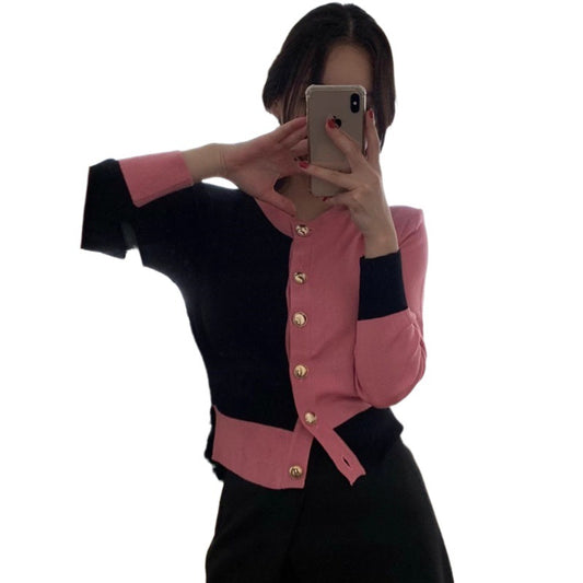 Korean Styllish Chic Cardigan Sweater Women Color-blocked Gold Buttons Workwear Tops Knitwear Long Sleeve Elegant Ladies Jumpers