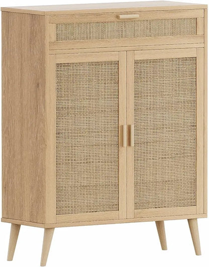 Accent Floor Storage Cabinet with Rattan Doors, Bathroom Cabinet with Large Drawer, Freestanding Storage Cabinet Organizer,