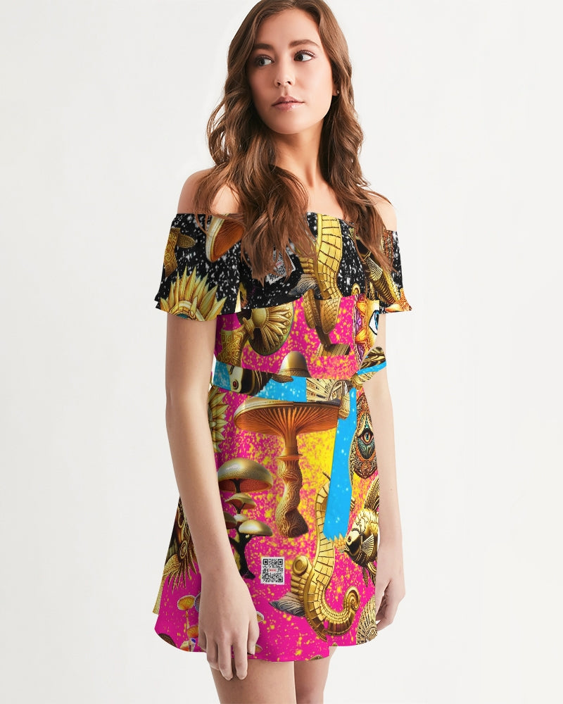 Eye and Face Abstrak Women's All-Over Print Off-Shoulder Dress