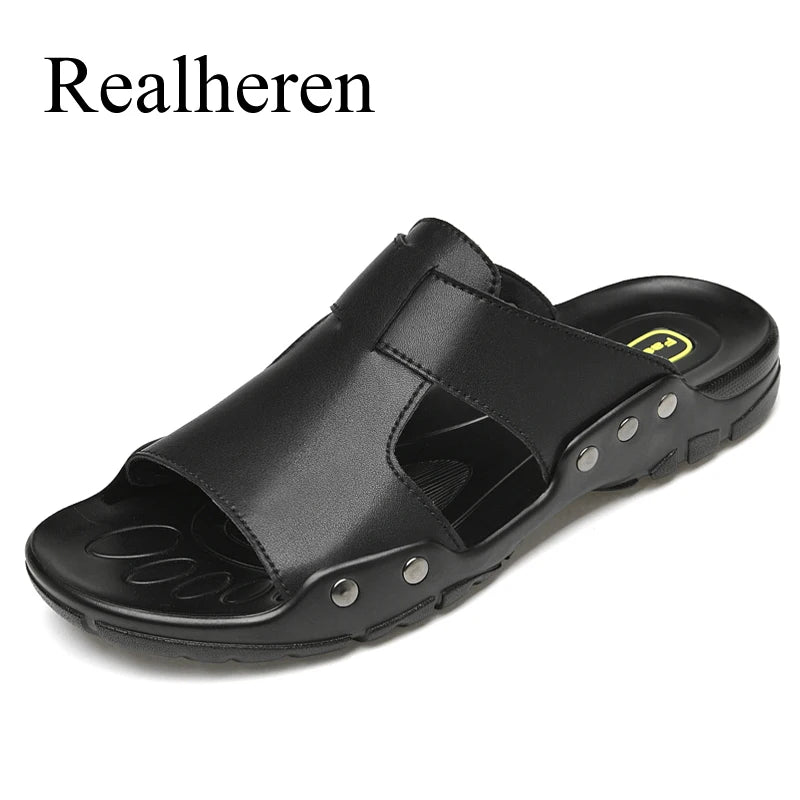 Summer Men Leather Slides Slippers Plus Size 50 51 52 Casual Shoes Outdoor Beach Black Soft Sandals Flat New Fashion 2021