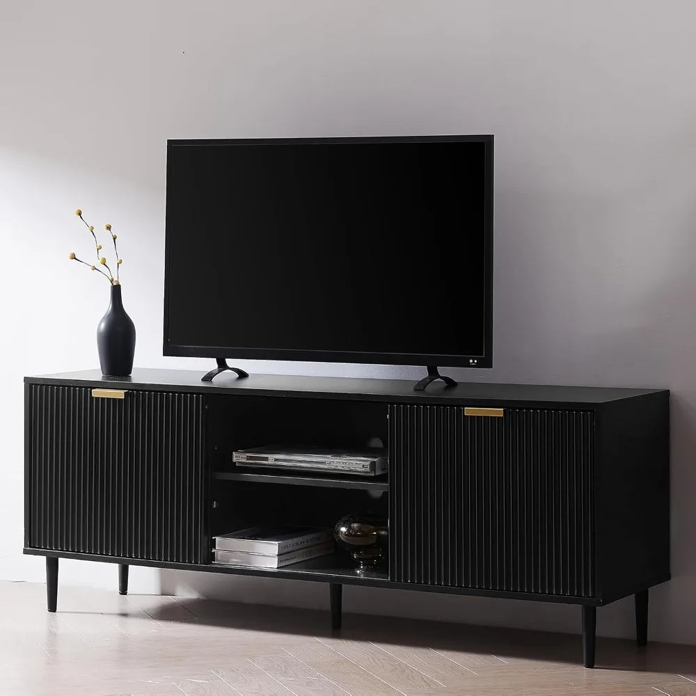 Black TV Stand,  65+ Inch TV, Fluted Panel Media Console with Sliding Doors & Ajustable Shelves,Stand with Storage Cabinets