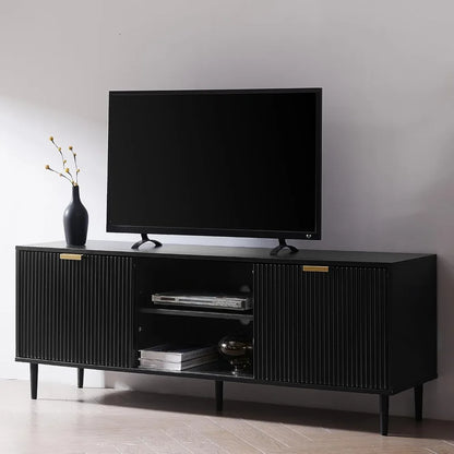 Black TV Stand,  65+ Inch TV, Fluted Panel Media Console with Sliding Doors & Ajustable Shelves,Stand with Storage Cabinets