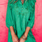 Bright Green Embroidered Ruffled Trim 3/4 Sleeve V Neck Mini Dress