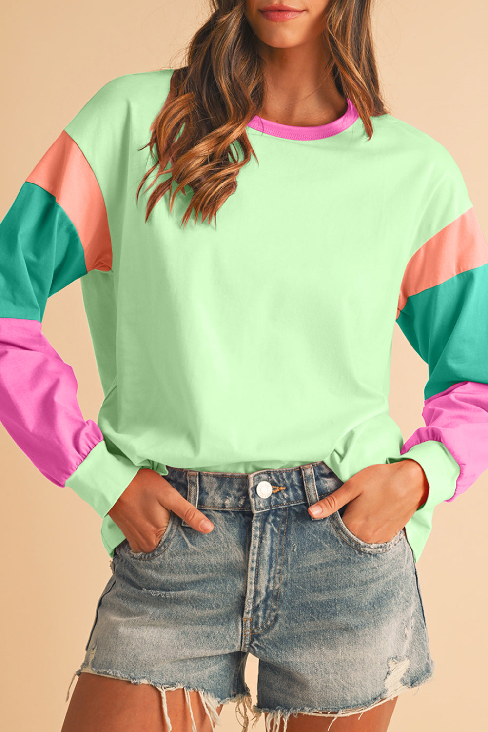 Light Blue Color Block Sleeve Loose Fit Top