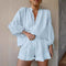 Lace-up Suits Loose V-neck Lantern Sleeve Top And Ruffles Shorts Solid Two-piece Set Womens Clothing