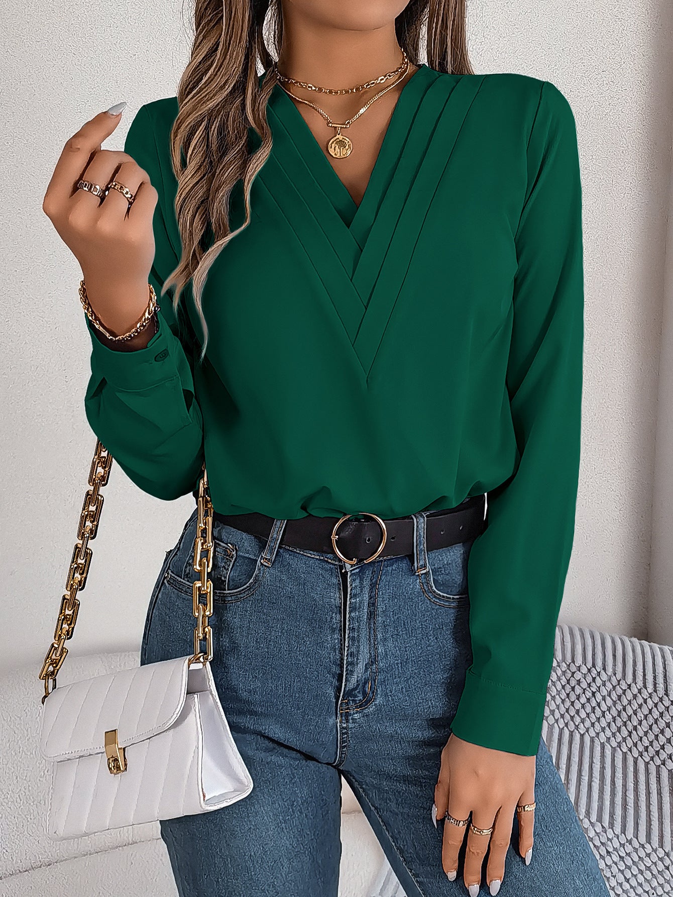 Fashion V-Neck Long Sleeve Shirt Elegant Commuter Solid Blouse Office Women's Clothing