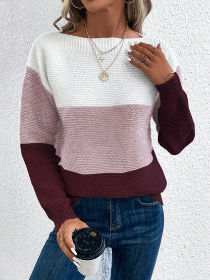 Pullover Knitted Sweater Fashion Round Neck Splicing Knitwear Loose Top Women's Clothing