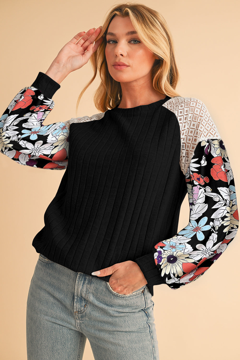 Black Floral Patchwork Raglan Sleeve Ribbed Top