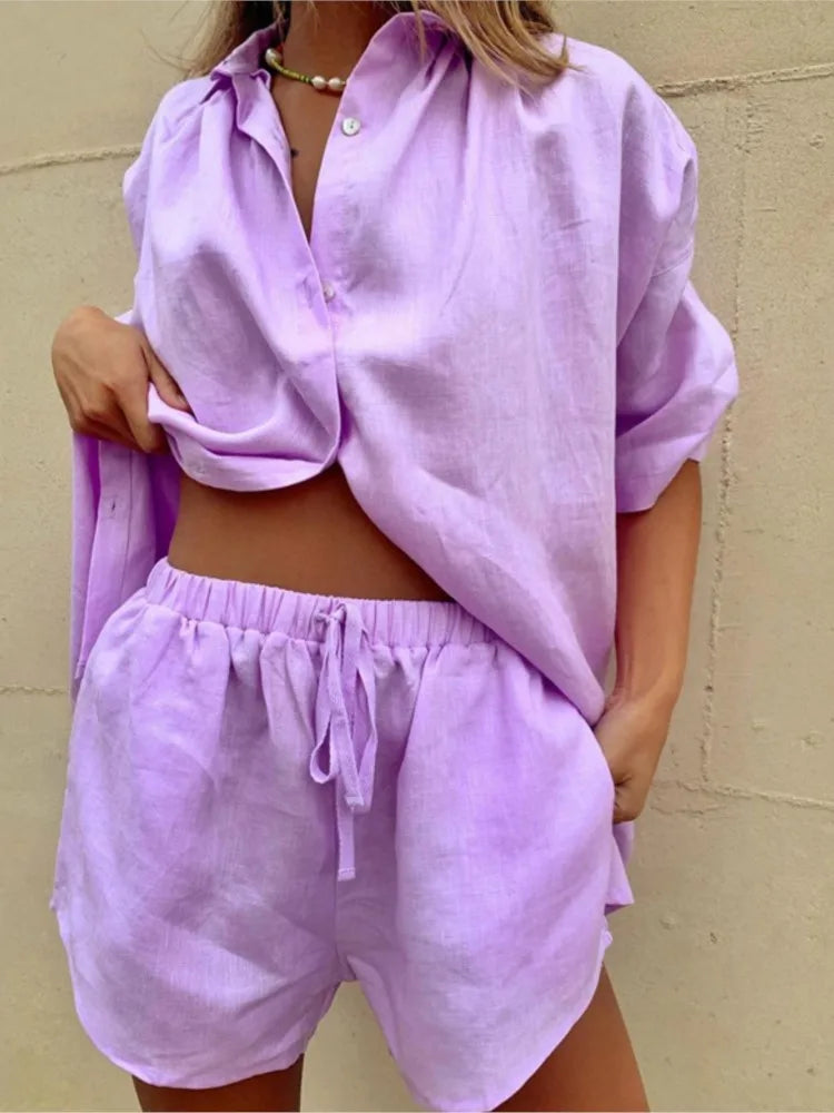 Casual Cotton Solid Color Sets Women Short Sleeve Loose Shirt Wide Leg Shorts Two Piece Set Woman Suits 2024 Summer Outfits