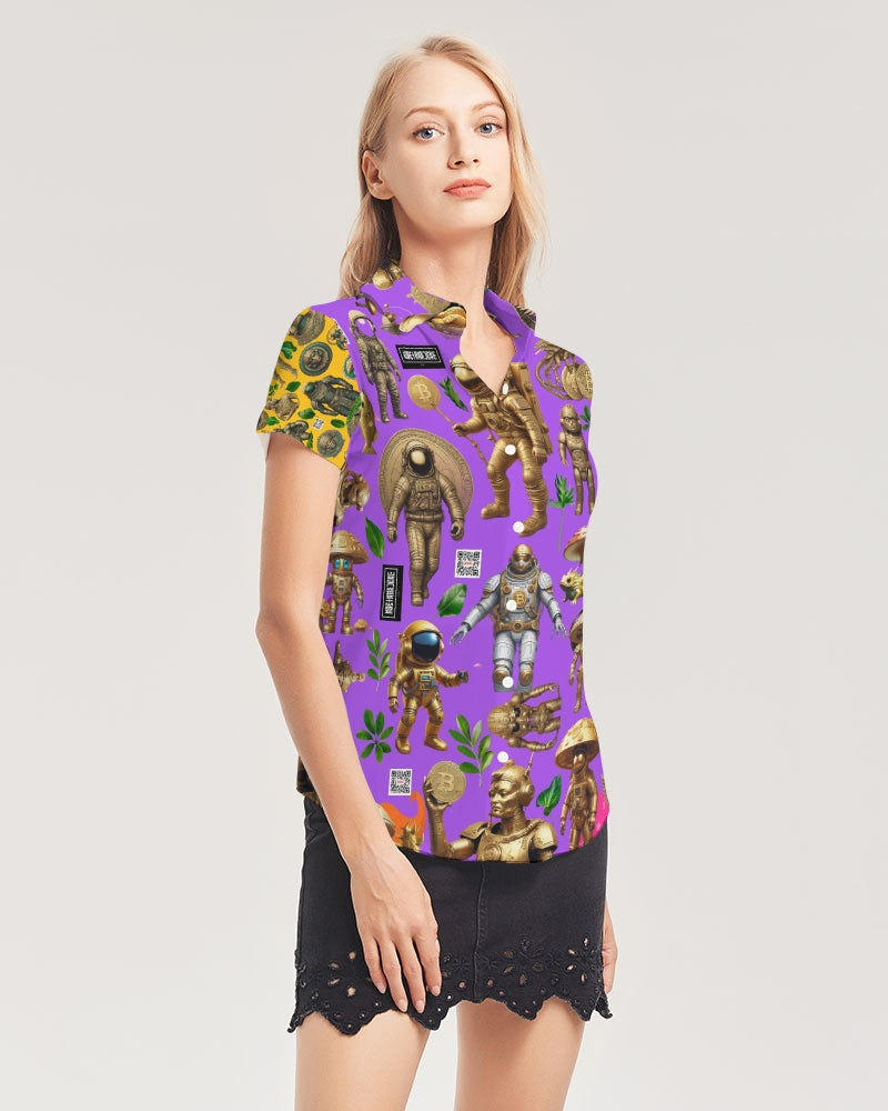 Ancient Abstrak Collection Women's All-Over Print Short Sleeve Button Up