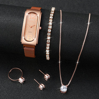 6Pcs/Set Fashion Women's Watch Rectangular Simple Dial Quartz Watch with Jewelry Accessories Set