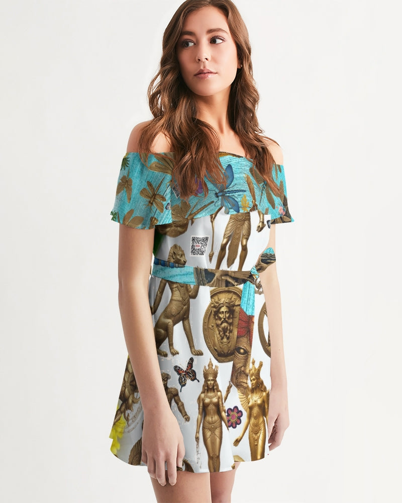 Abstrak dragonfly Women's All-Over Print Off-Shoulder Dress