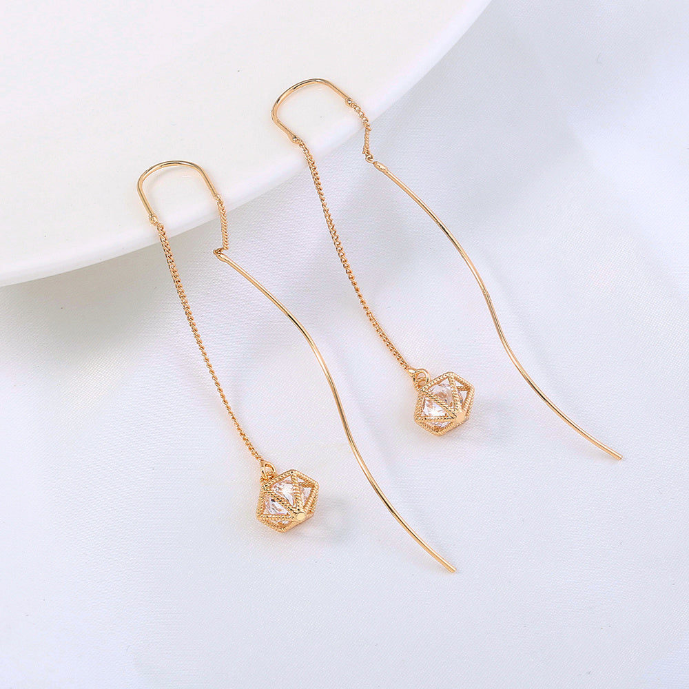 Gold Bronze Cutout Zircon Tassel Earrings