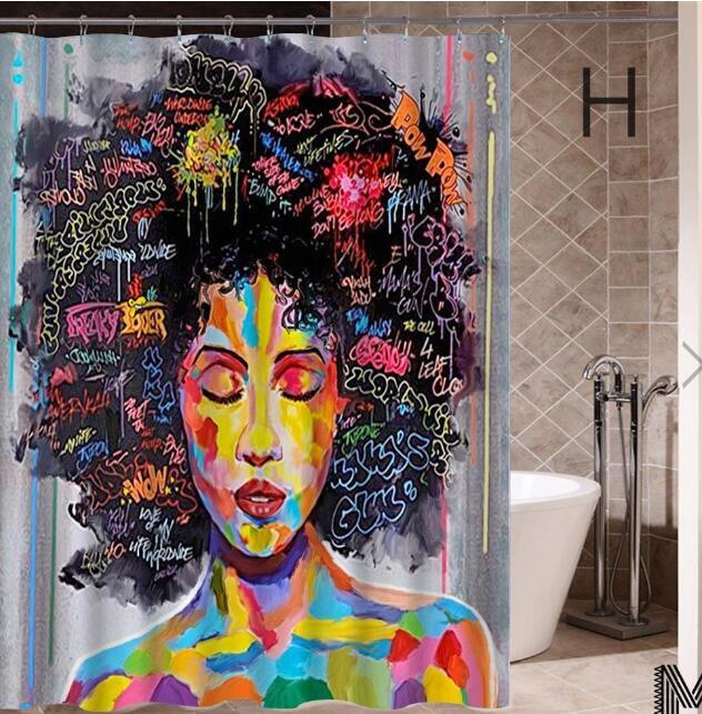 Art Design Graffiti Art Hip Hop African Girl with Black Hair Big Earring with Modern Building Shower Curtain for Bathroom Decor