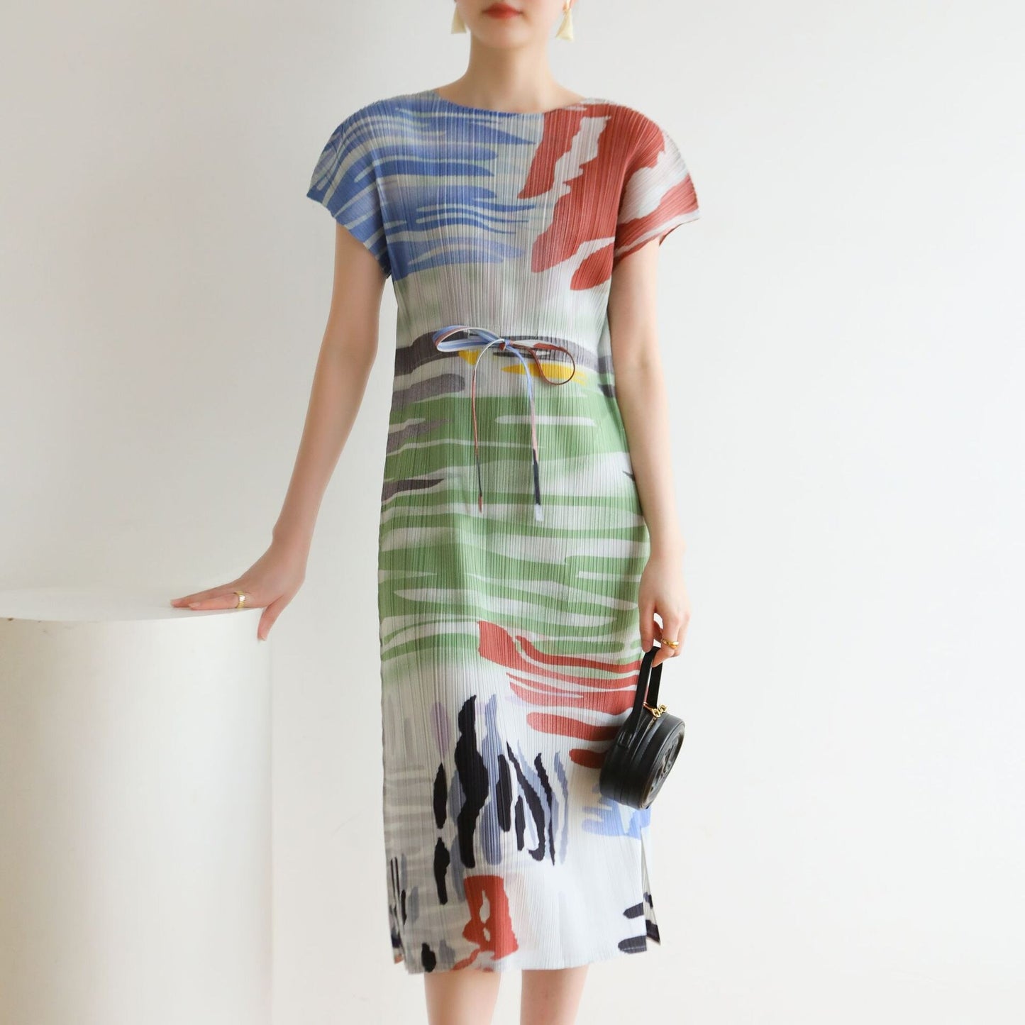 Summer Pleated Ink Print Oversized Loose Skinny Round Neck Mid Length Dress