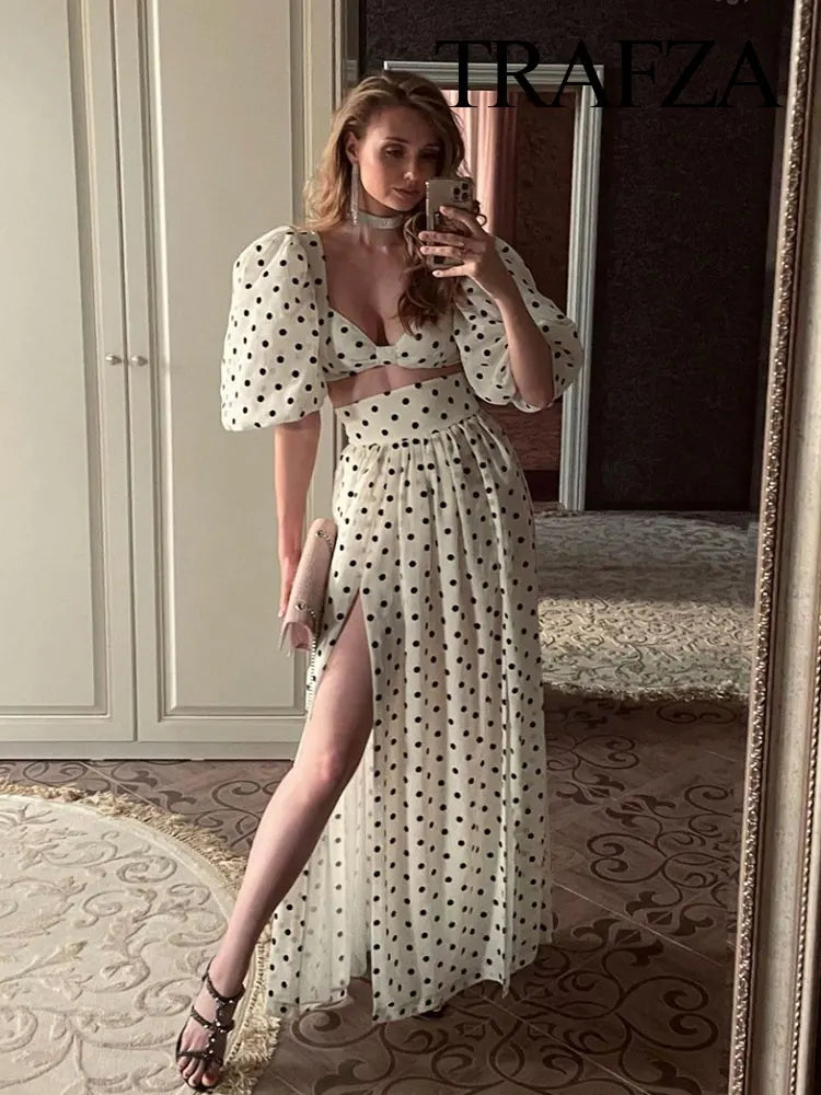 TRAFZA 2024 Female Spring Polka Dots Printed Suit Cropped Short Sleeves Square Neck Top Slit High Waist Chic Skirt Vintage Suit