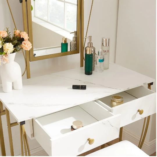 Vanity Table Set With Mirror & Stool,White Makeup Dressing Desk With Drawers For Girls,Women,Bedroom