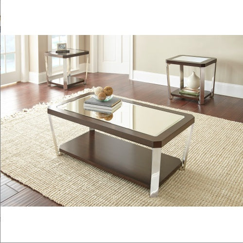 Sophisticated Cocktail Table Collection - Espresso Finish, Mirrored Tops, Stainless Steel Legs - Function And Style