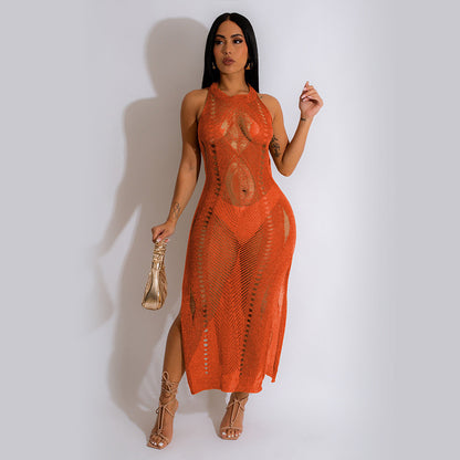 Solid Hollow Out Knitted Beach Dress Women Fashion Sexy O Neck Sleeveless Split Vacation Party Long Robe Casual Cover Ups