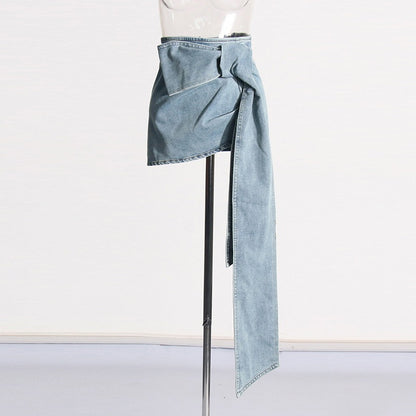 Design sense, temperament, spicy girl skirt, fashionable bow, denim A-line skirt for women