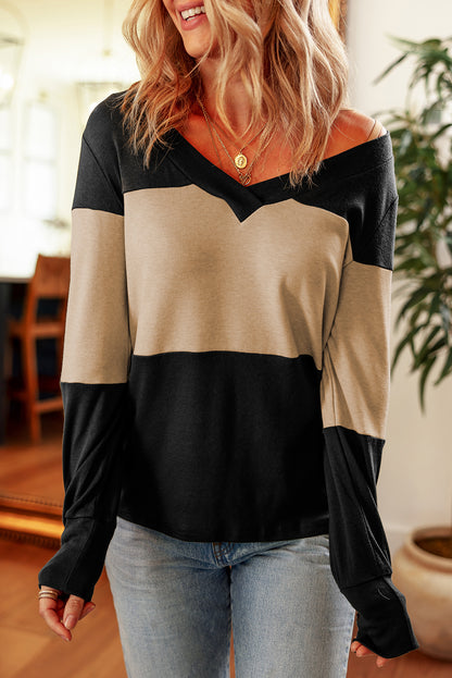 Parchment Colorblock Button Decor Long Sleeve V Neck Top