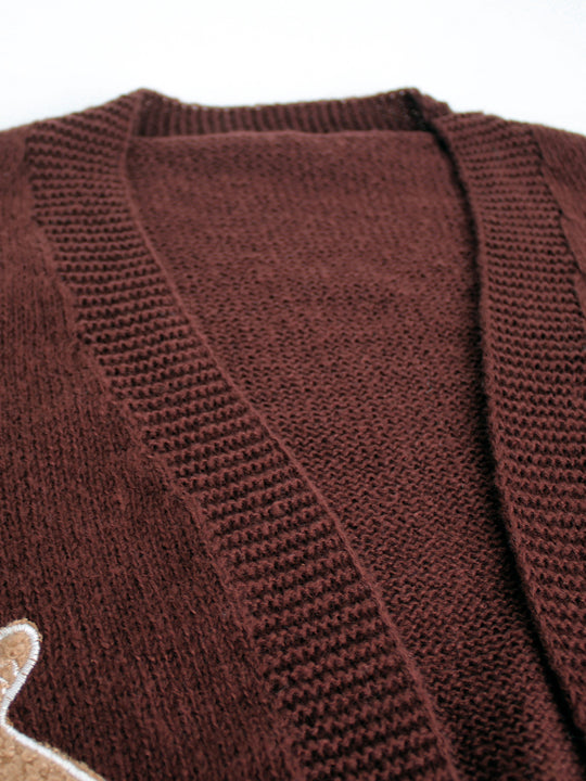 Knitted Sweater With Gingerbread Man Pattern V-Neck Spring Autumn Winter Gingerbread Man Cardigan