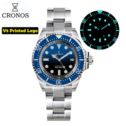 Cronos Automatic Diving Watch Stainless Steel 2000 Meters Water Resistance Professional Diver L6009M