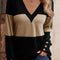 Parchment Colorblock Button Decor Long Sleeve V Neck Top