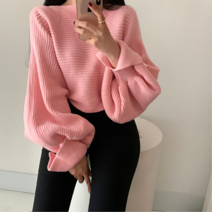 Autumn winter women's fashionable contrast color lantern sleeves slit design one-shoulder sweater high waist loose short knitted sweater